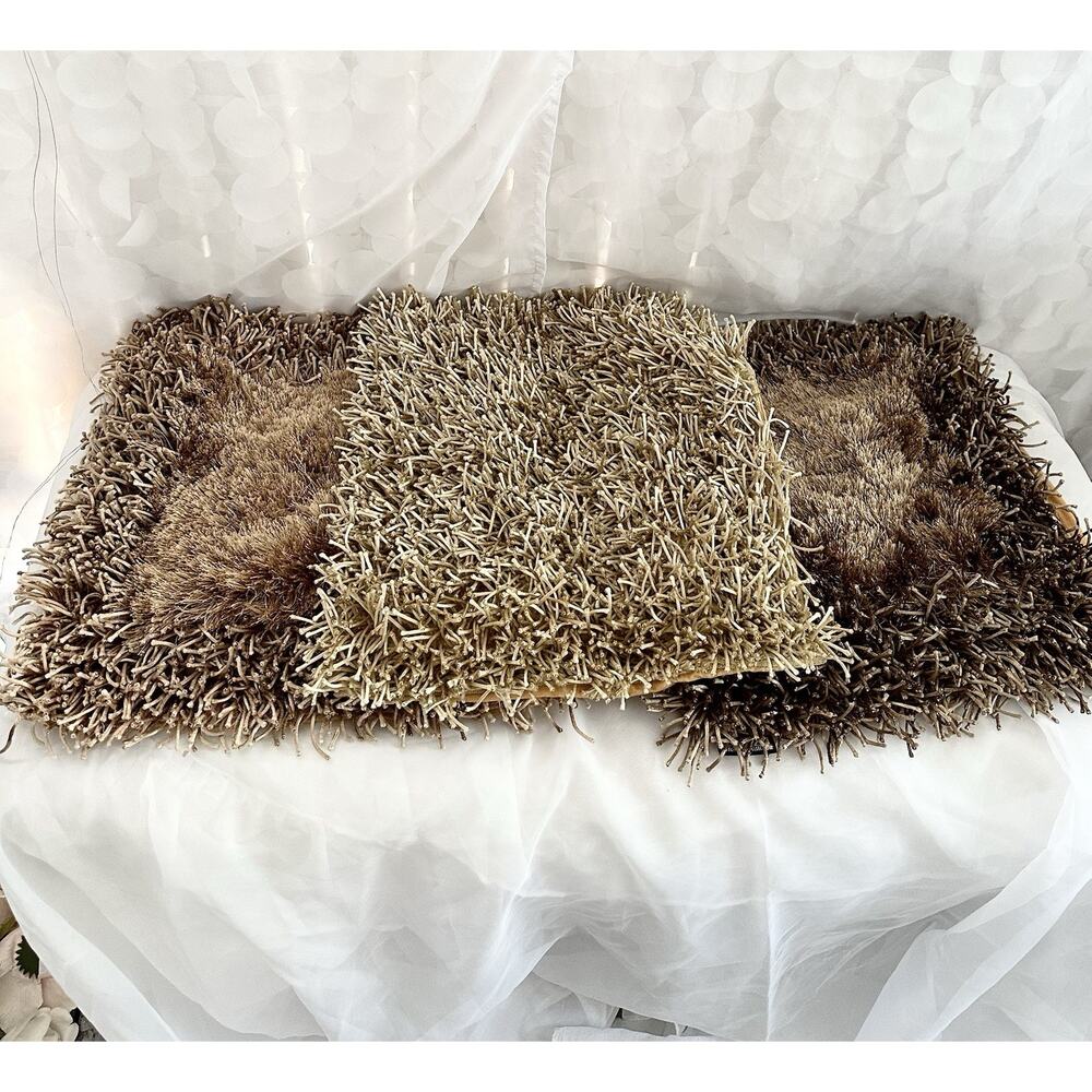Set Of 3 BEIGE SHAGGY Square Throw Accent Pillows Carlo Perazzi Designer MODERN